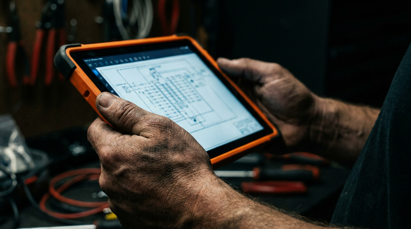 An electrician's hands holding a tablet, demonstrating the use of AI for electrical panel schedules in a modern workshop setting.