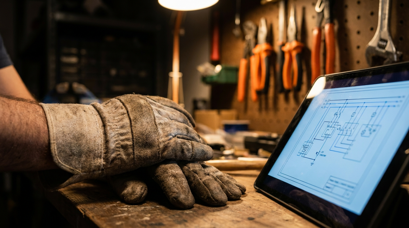 An electrician reviews an electrical schematic on a tablet, demonstrating the use of AI for electrical schematic design in a modern workshop.