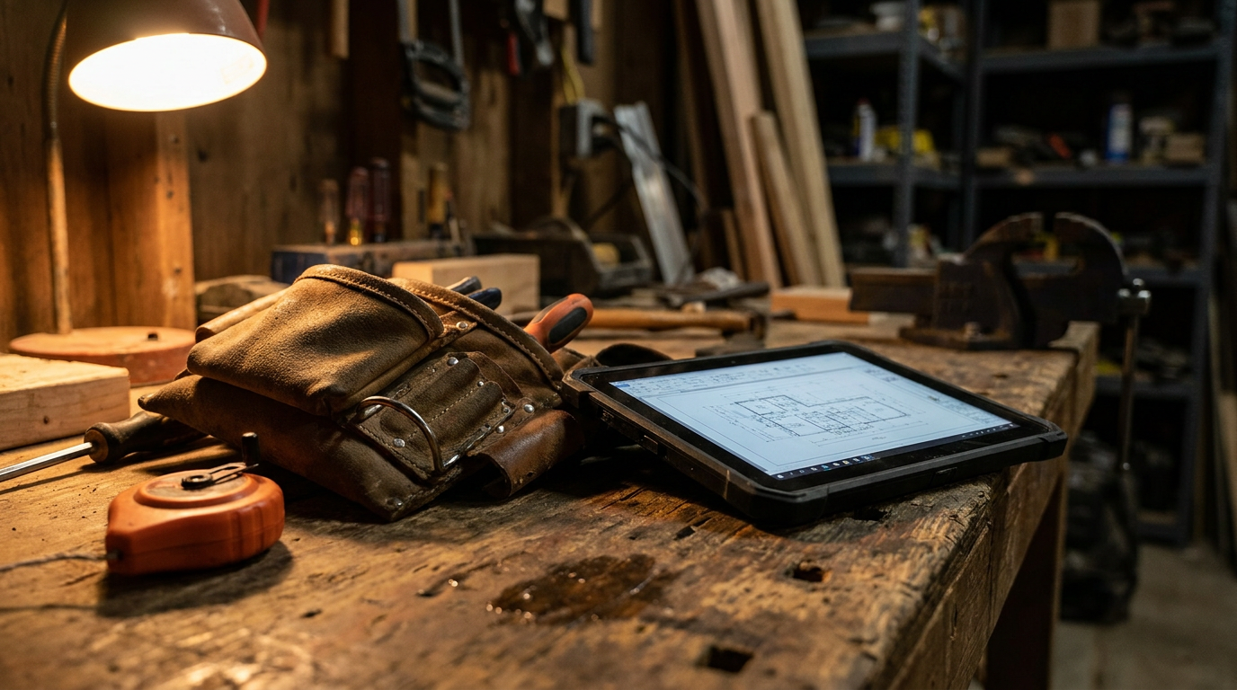 A rugged tablet on a workbench, showing how to use an AI employee handbook generator for contractors to create a company rulebook.
