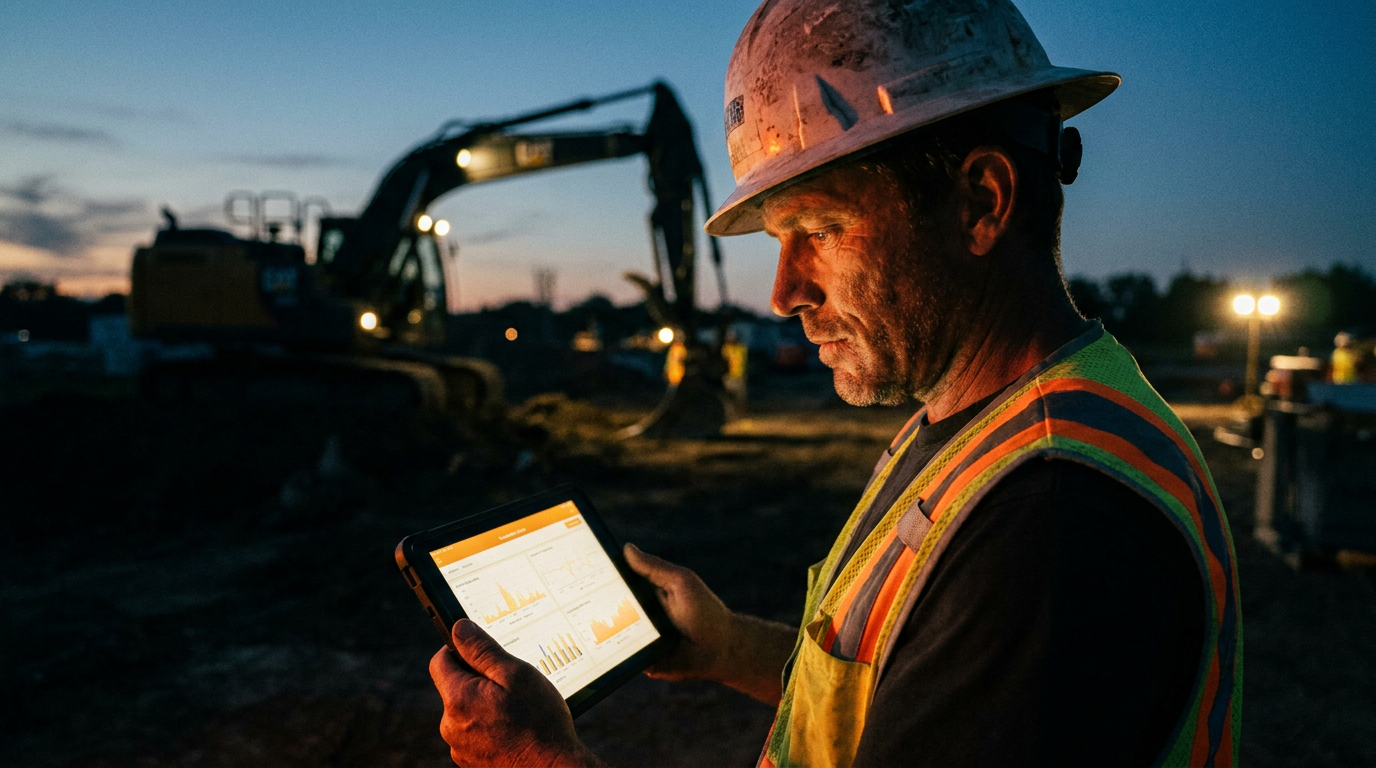 A construction manager analyzes AI for construction equipment telematics data on a tablet at a jobsite.