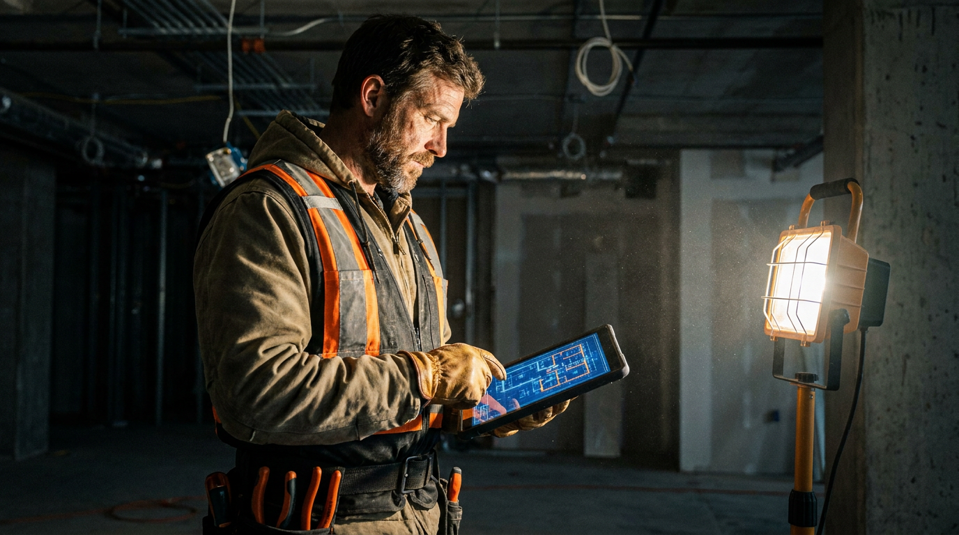 An Illinois electrician using a tablet with AI estimating tools to review a blueprint on a job site.