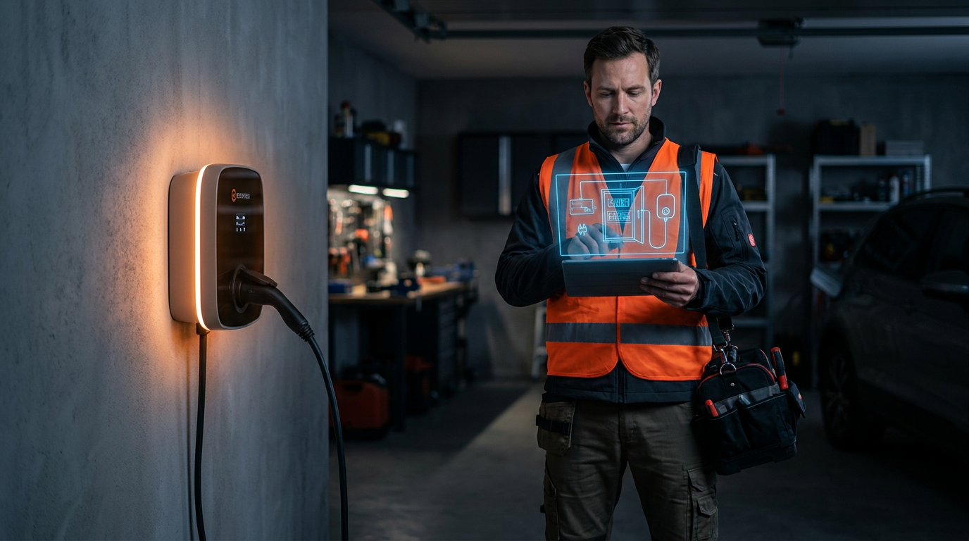 An electrician uses a tablet with AI for EV charger installation planning in a modern garage, showing the intersection of trade skills and technology.