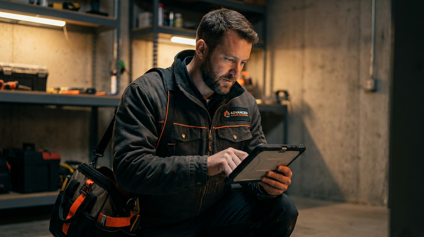 An HVAC technician uses a tablet, where an AI could help explain the SEER2 rating to a homeowner.