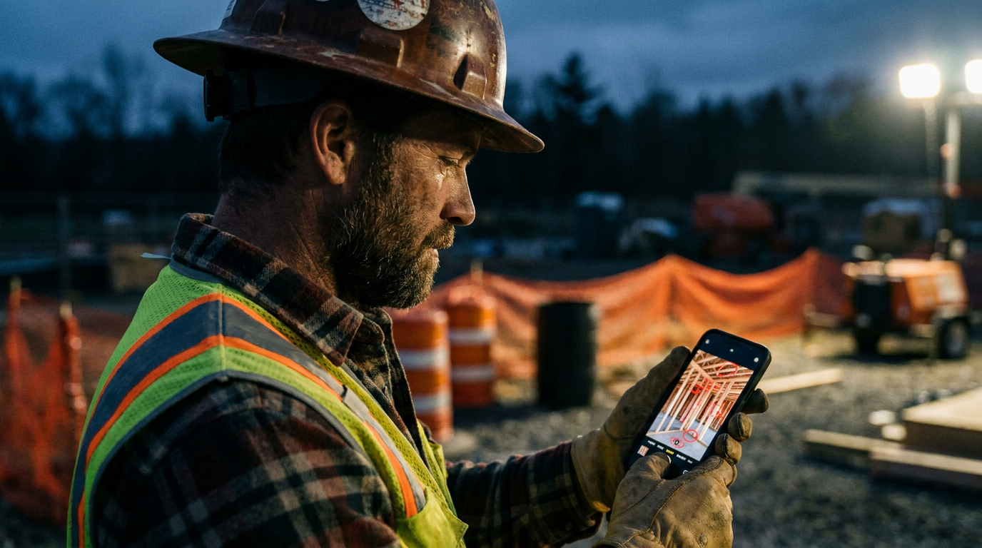A general contractor using a smartphone where AI is helping to find building code violations in a photo of wall framing.