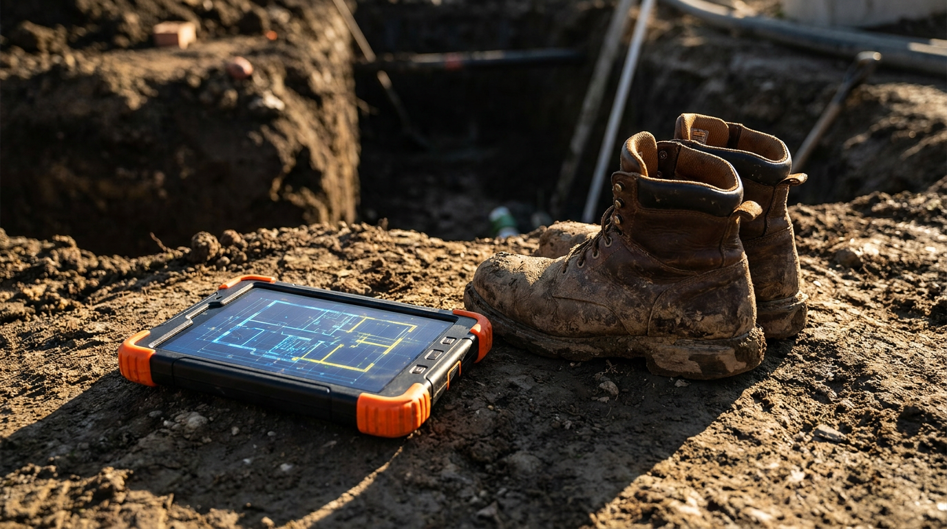 A plumber uses a tablet with AI analysis to help find a buried water line on a construction jobsite.