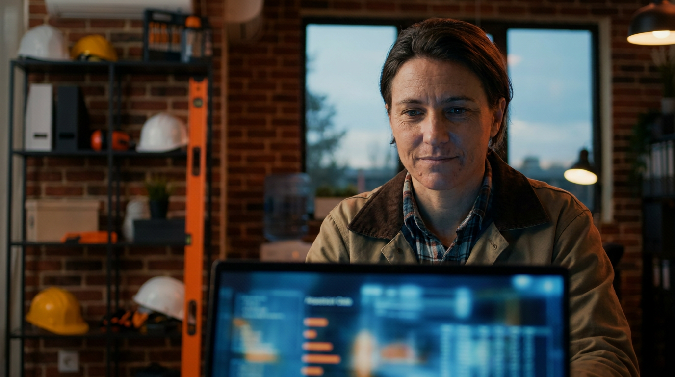 A construction professional using a laptop with AI for finding construction bid opportunities in a modern office.