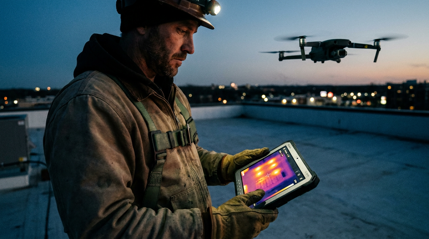 A roofer using a tablet with AI software to analyze thermal drone data and find flat roof leaks.