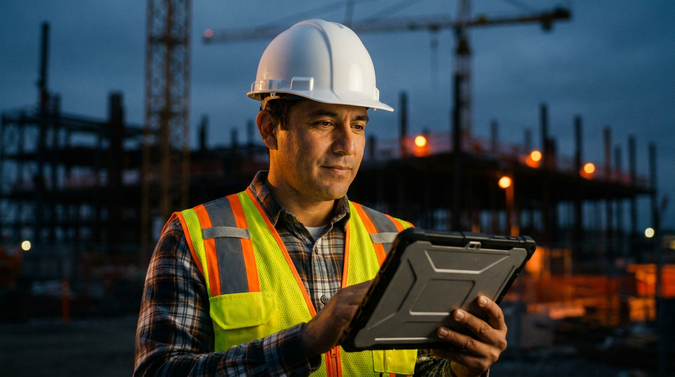 A contractor using a tablet, demonstrating how to use AI for finding government contracts.