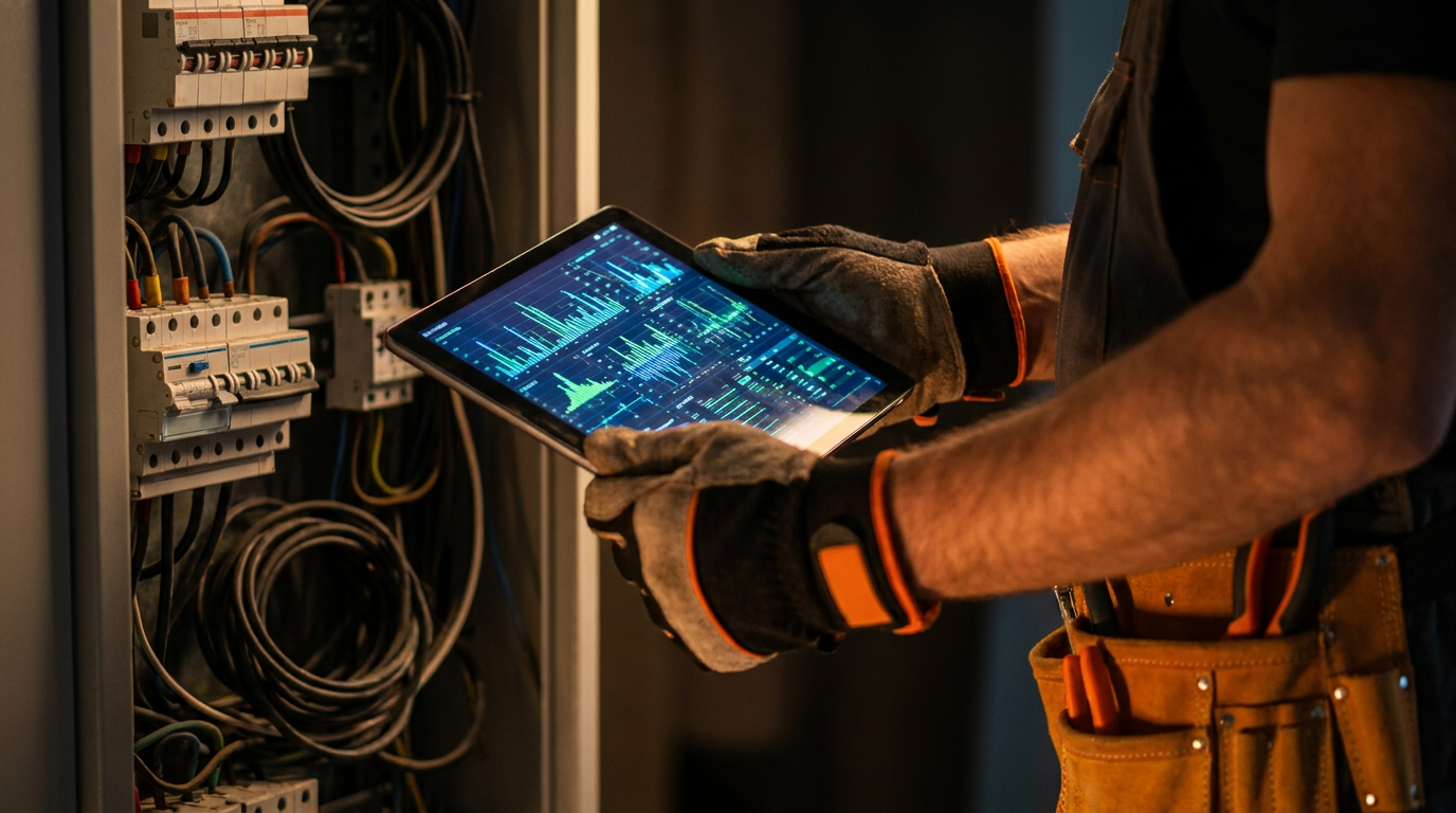 An electrician's hands holding a tablet with a data graph, illustrating how AI can help find an intermittent electrical fault.