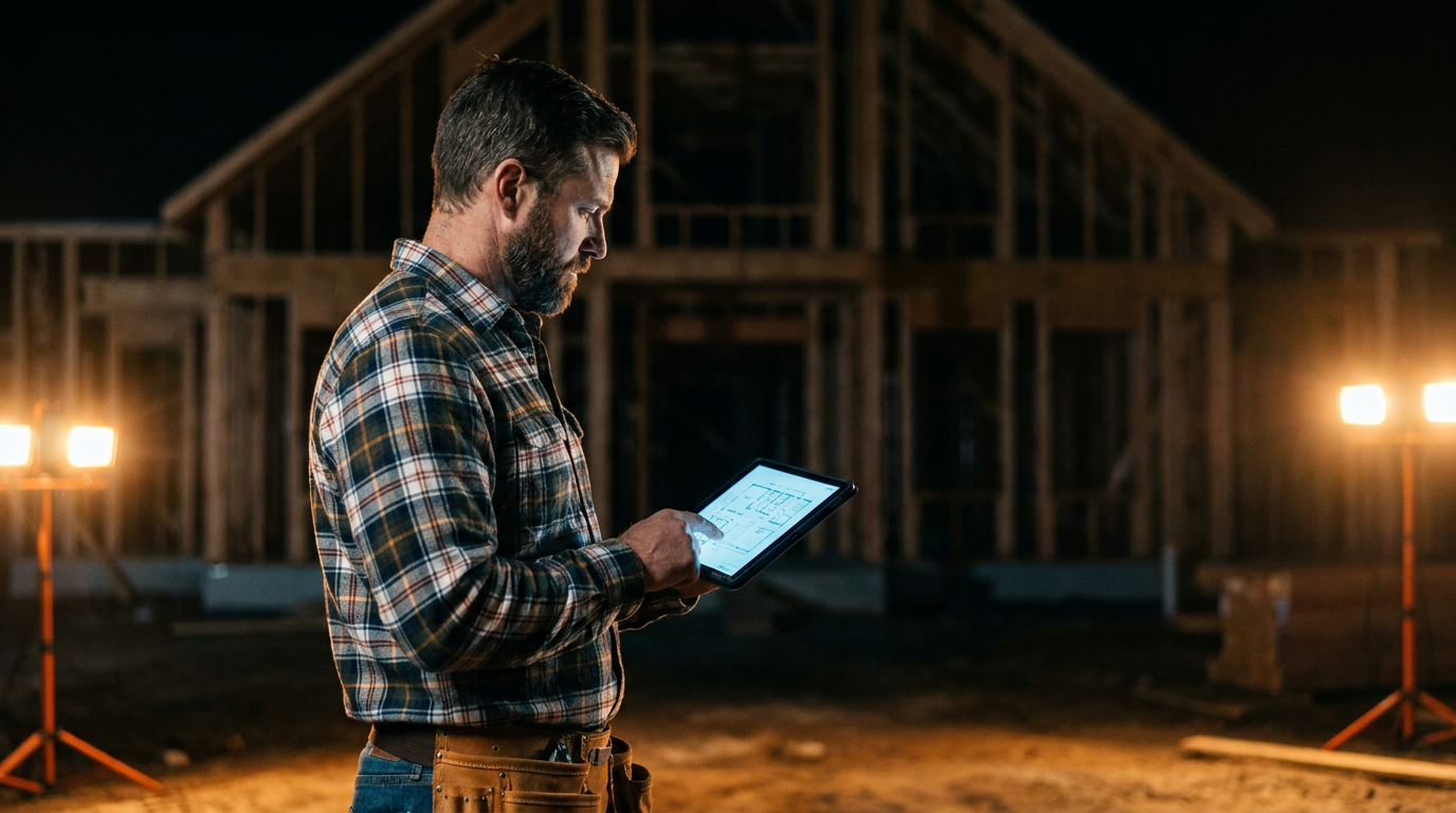 A general contractor on a job site using a tablet, demonstrating how AI can help find qualified local subcontractors for his project.