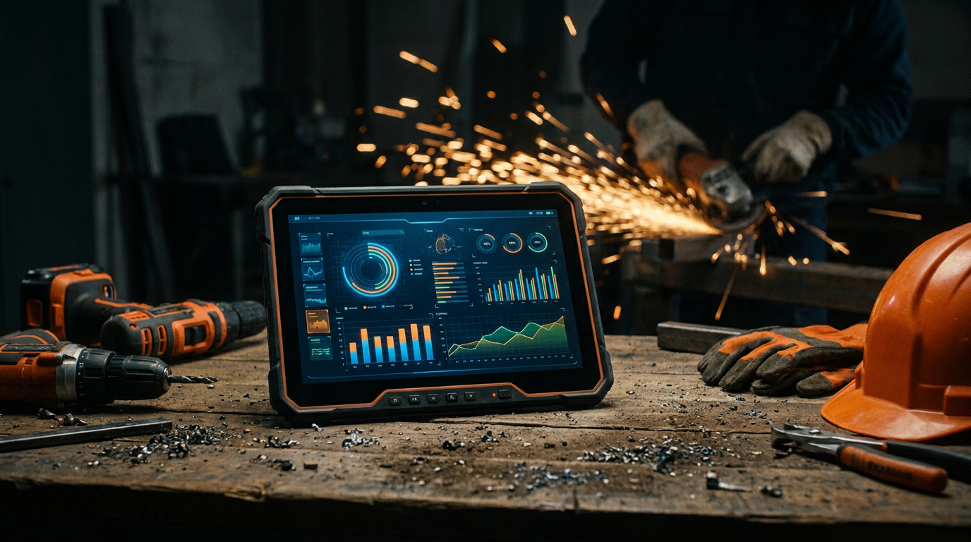 A tablet on a workbench displaying data, illustrating the concept of AI fine-tuning for a trade business.