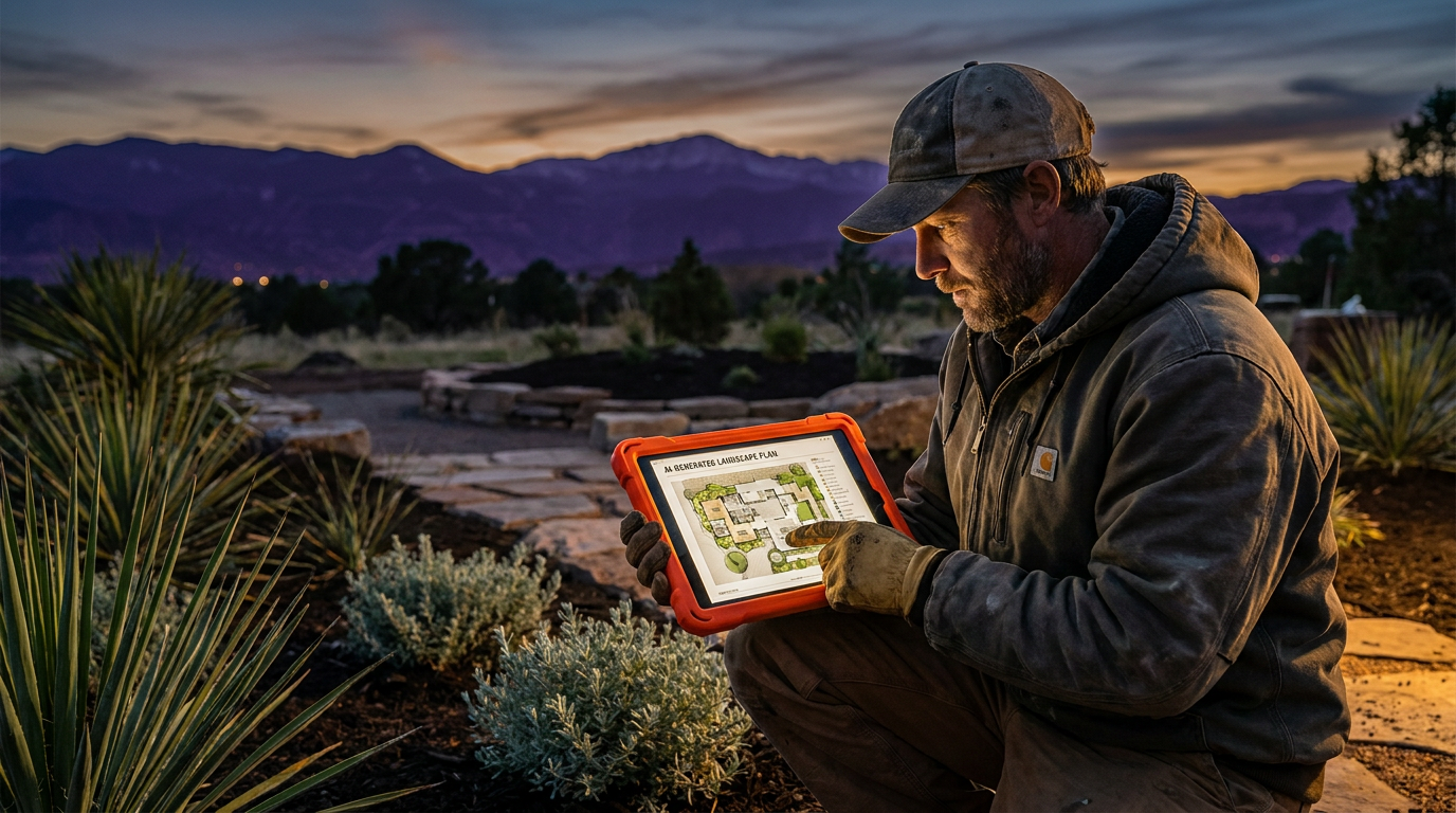 A landscaper uses a tablet with AI for fire-resistant landscaping in a Colorado yard, with mountains in the background.