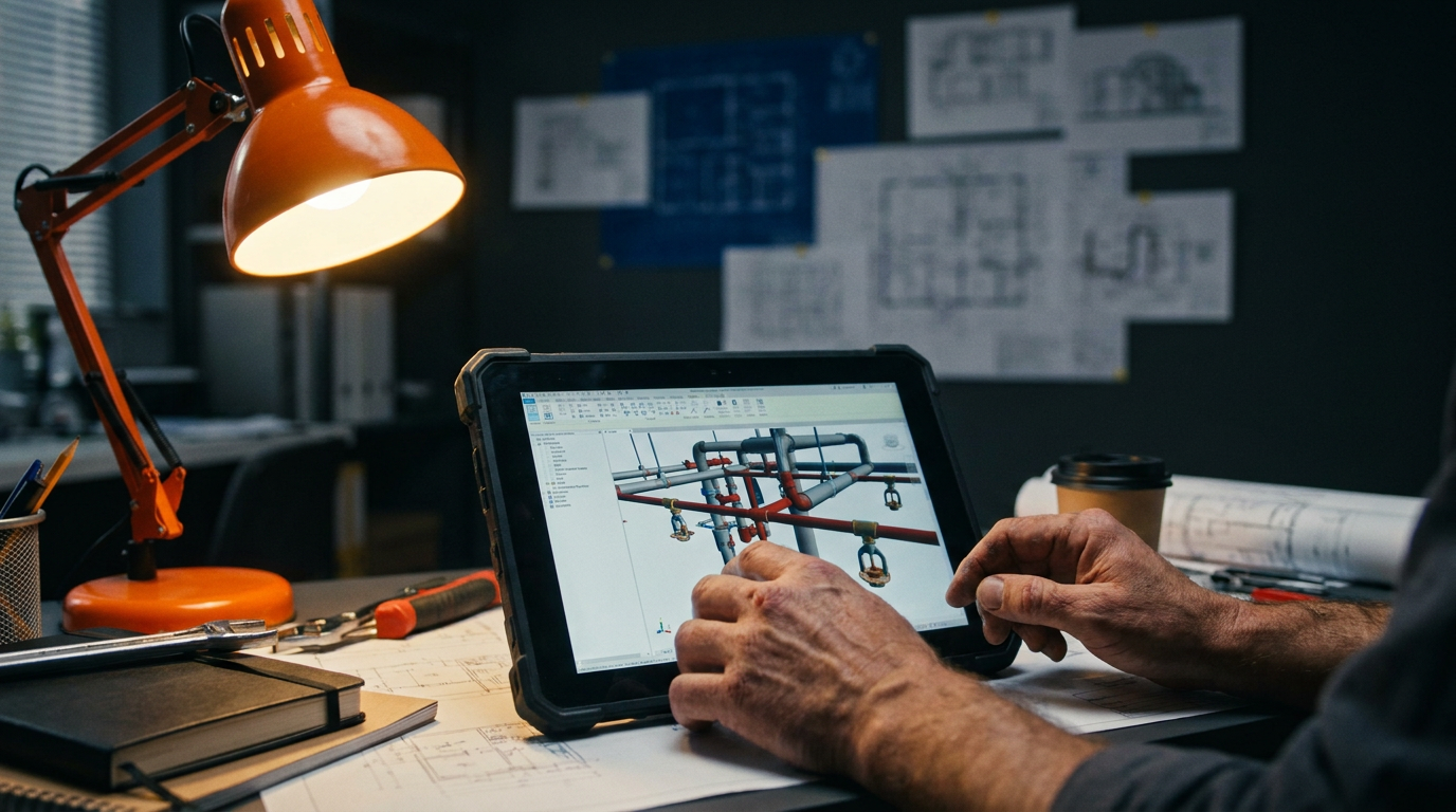 A close-up of a 3D model on a tablet showing how AI can assist in fire sprinkler system design.