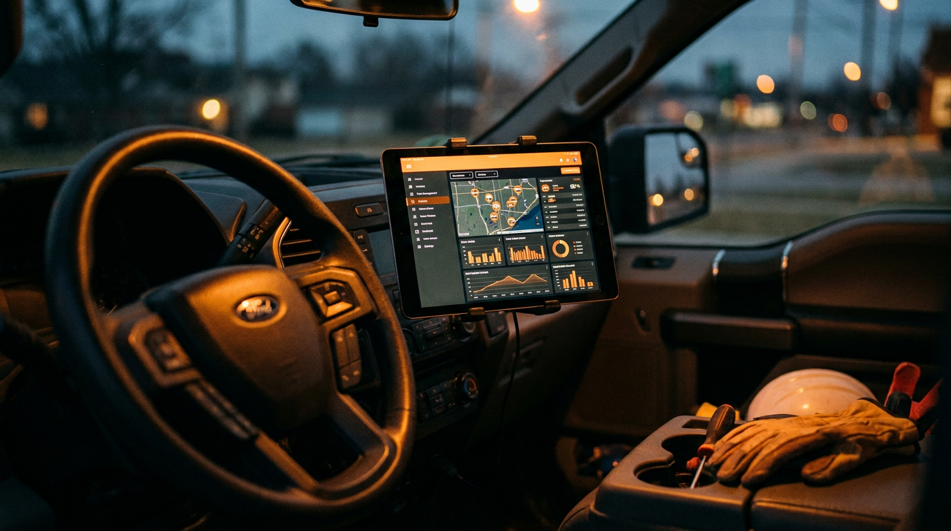 A tablet displaying AI for fuel cost optimization for a contractor fleet mounted inside a work truck.