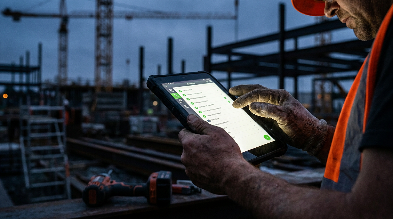 A construction manager reviews a jobsite safety quiz generated by AI on a tablet, demonstrating how technology can improve new hire training.
