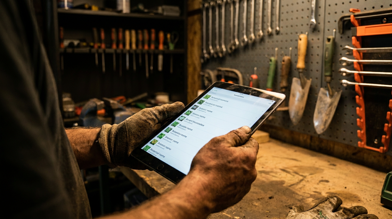 A professional landscaper uses a tablet where an AI can generate a local native plant list for a jobsite.