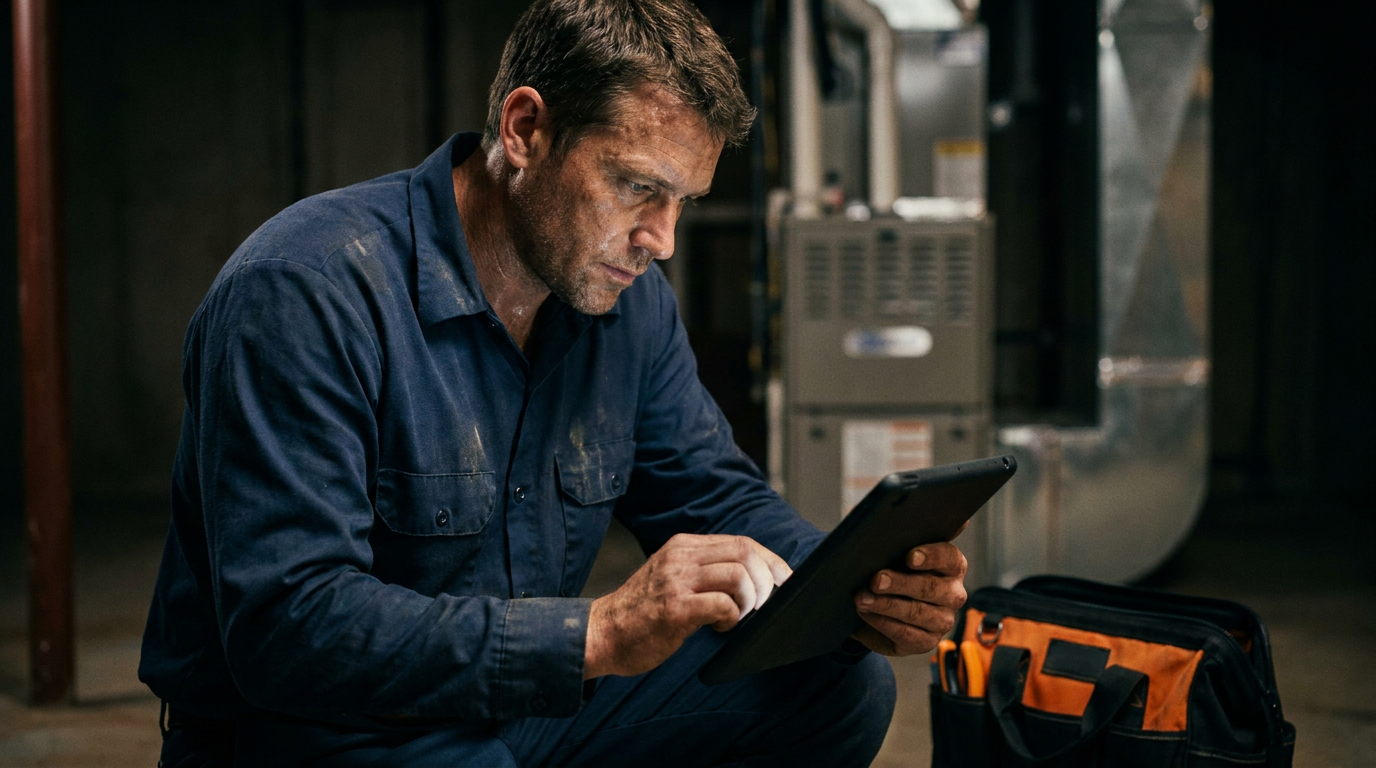 An HVAC technician uses a tablet to help generate a Manual S equipment selection report in a basement.