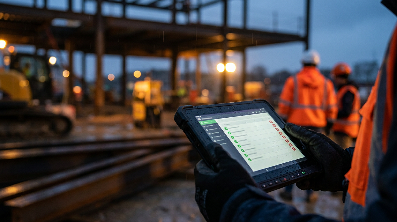 A construction manager reviews an AI-generated site-specific safety plan on a tablet at a jobsite.
