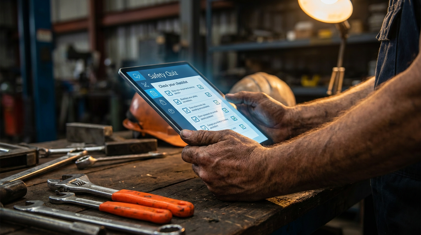 A tradesperson reviews a trade-specific safety quiz generated by AI on a tablet.