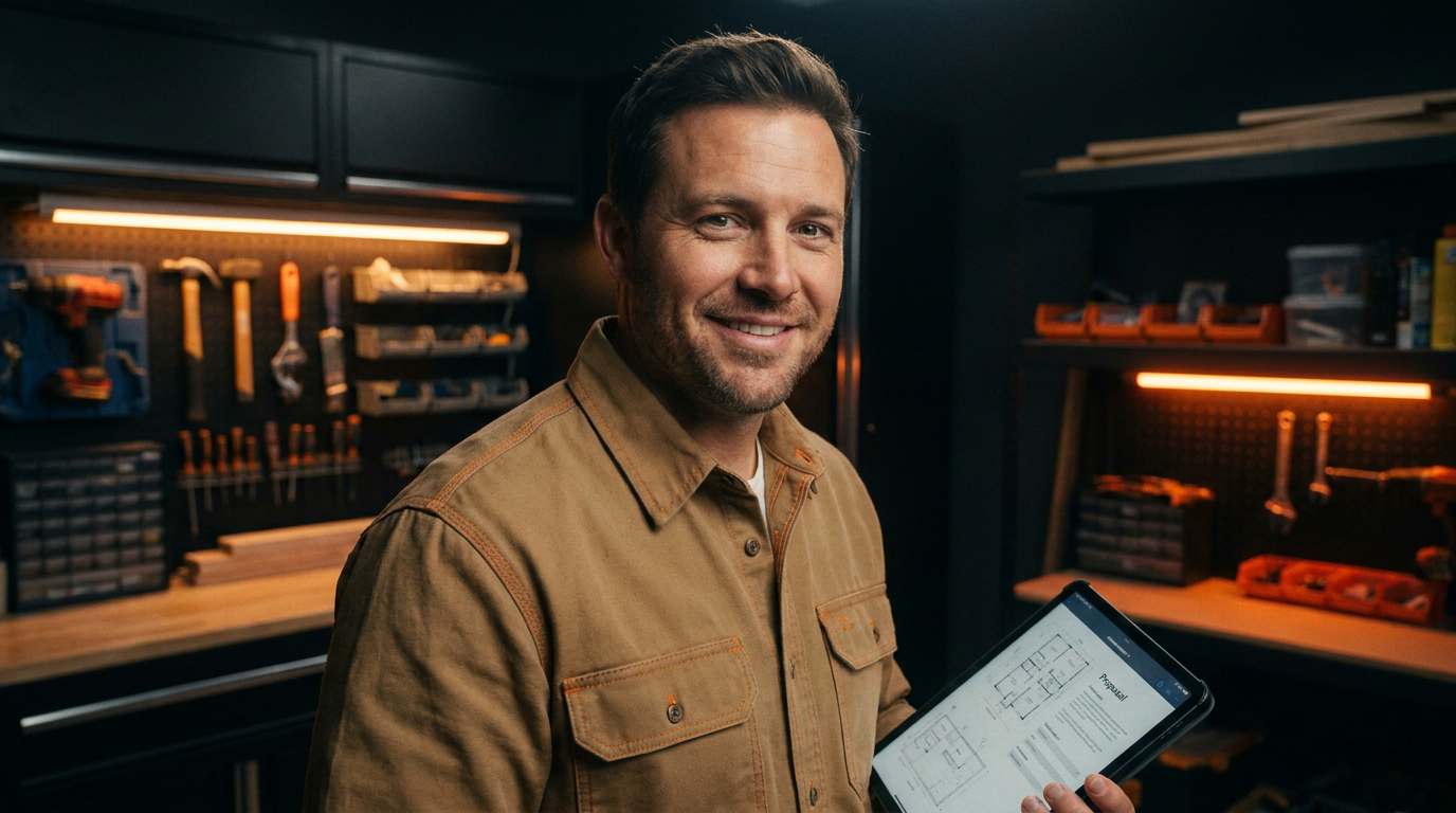 A contractor confidently reviewing a tablet, demonstrating how to use AI for good, better, best proposals.