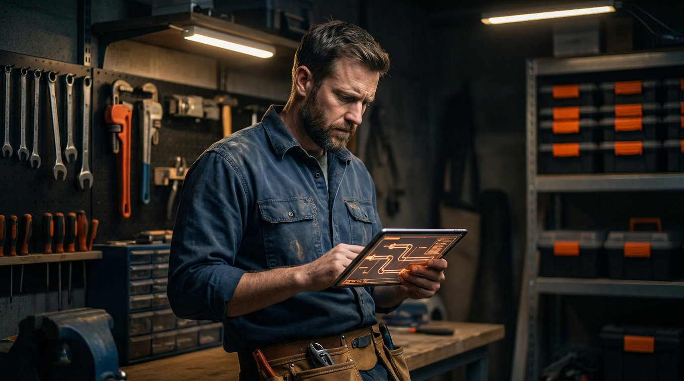 A plumber using a tablet with AI tools for greywater system design in a modern workshop.