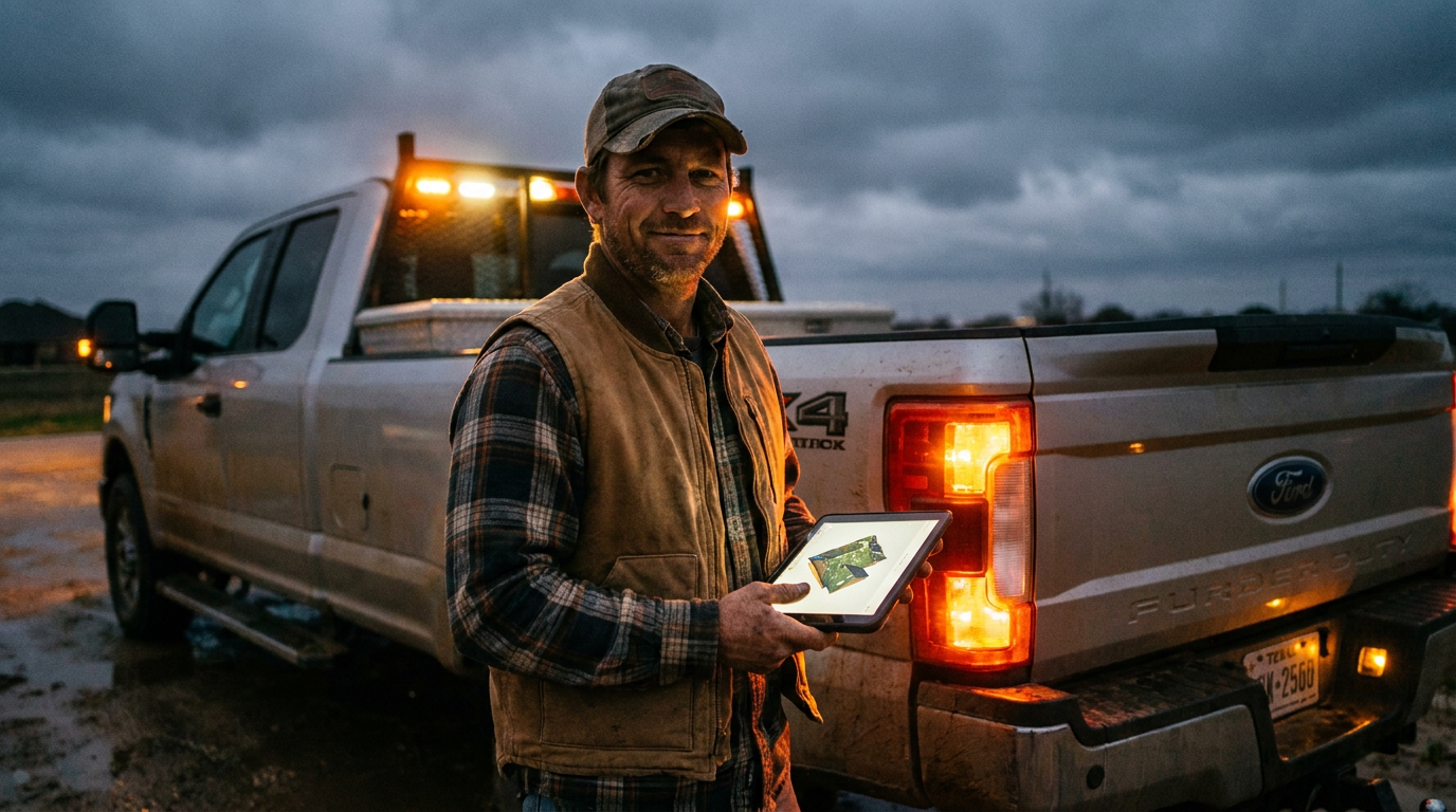 A Texas roofer uses a tablet for AI hail damage detection on a residential roof, showcasing modern roofing technology.