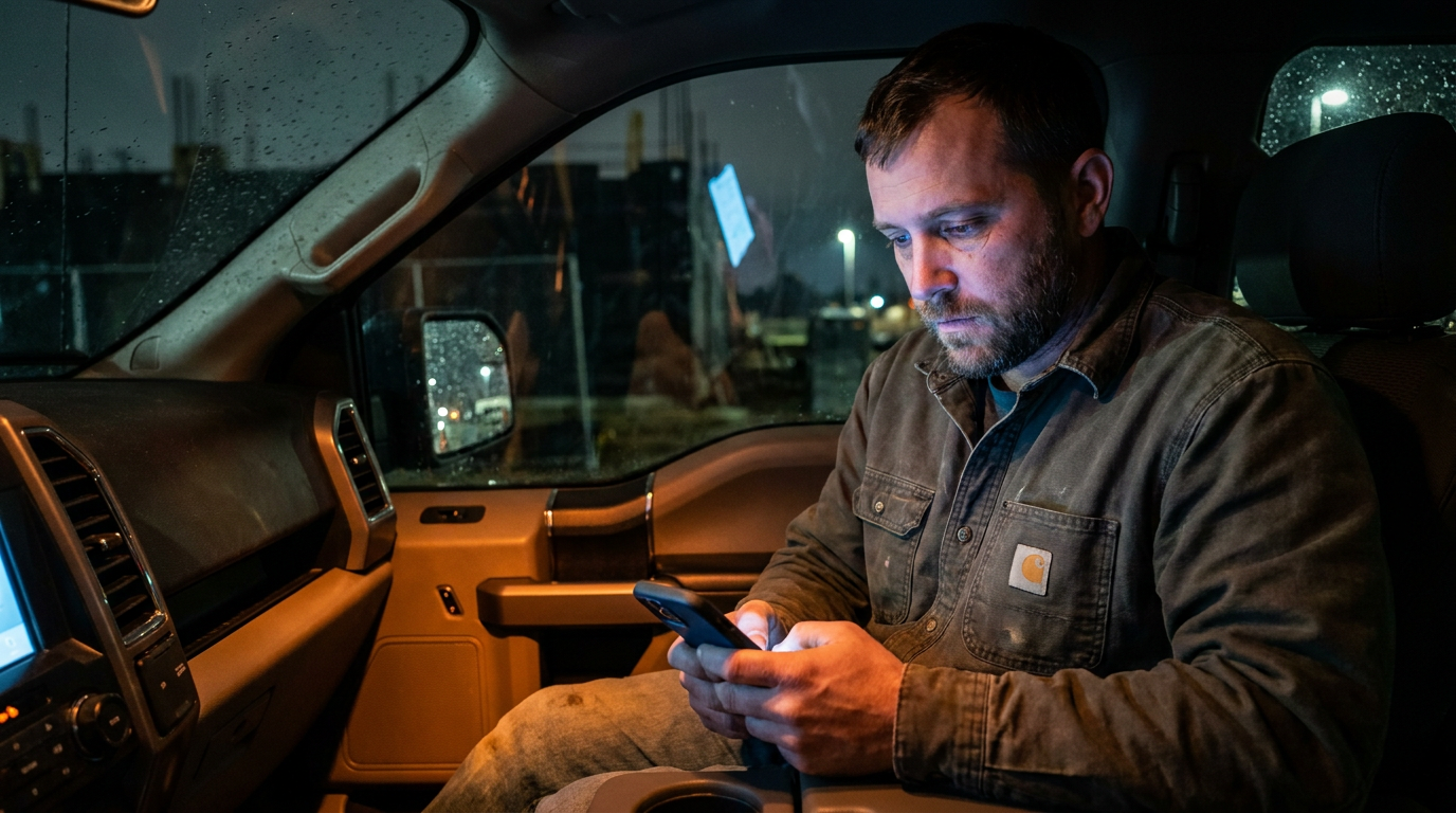 A contractor in his truck at night, using a phone as part of his process for using AI to respond to negative online reviews.