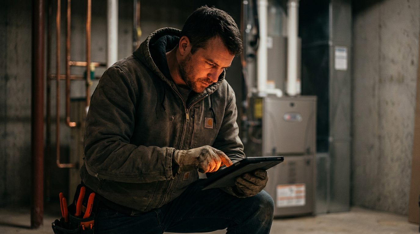 A professional plumber using a tablet with an AI interface to help find the source of a potential gas leak in a basement.
