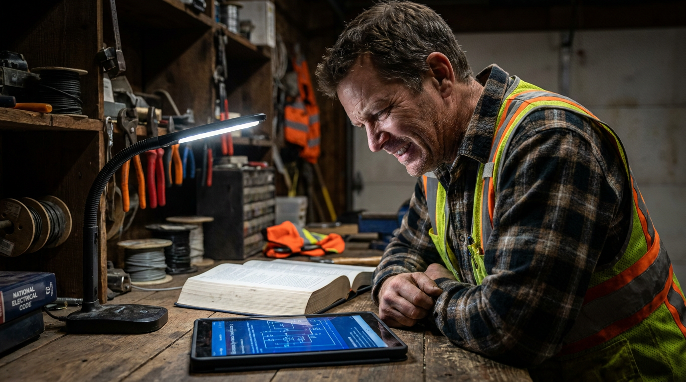 An electrician studies for the master electrician exam using an AI tutor on a tablet alongside his NEC code book.