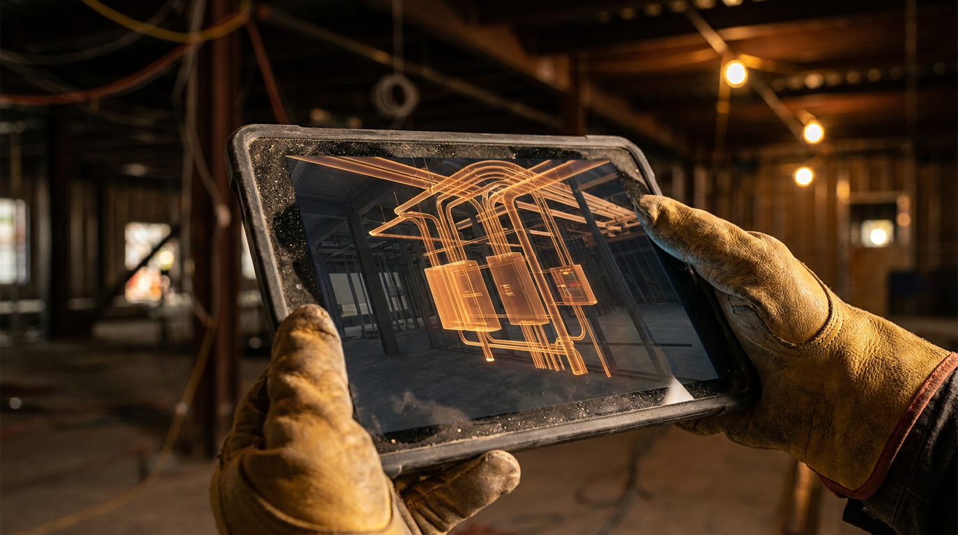 An electrician's tablet showing how AI can help lay out conduit runs in a commercial building by displaying a 3D model with clash detection.