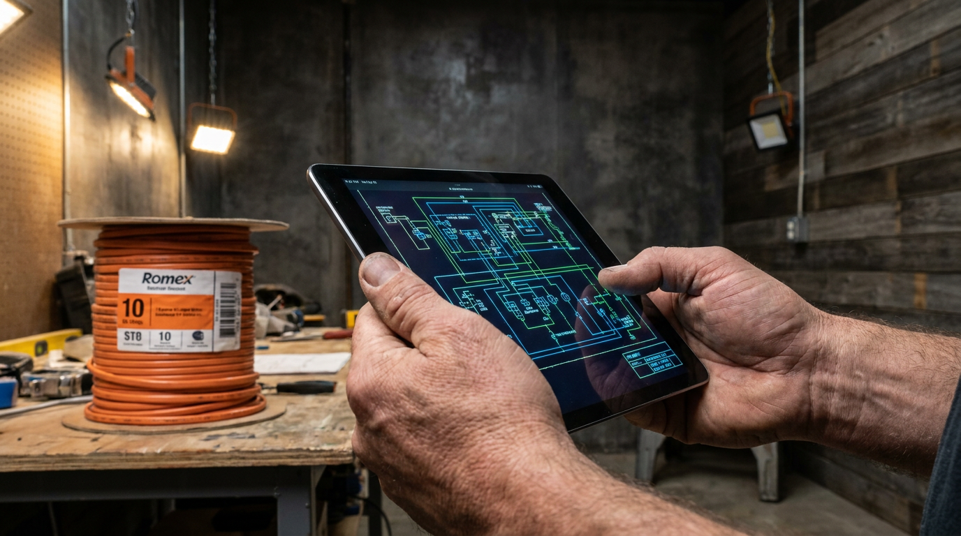 An electrician's hands holding a tablet, demonstrating how AI can help select wire gauge for an electrical job.