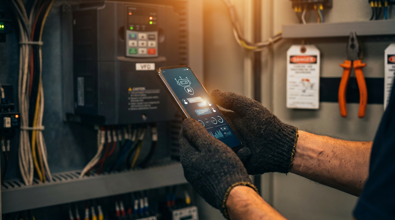 An electrician using a smartphone with an AI bot to help troubleshoot a VFD in an industrial setting.