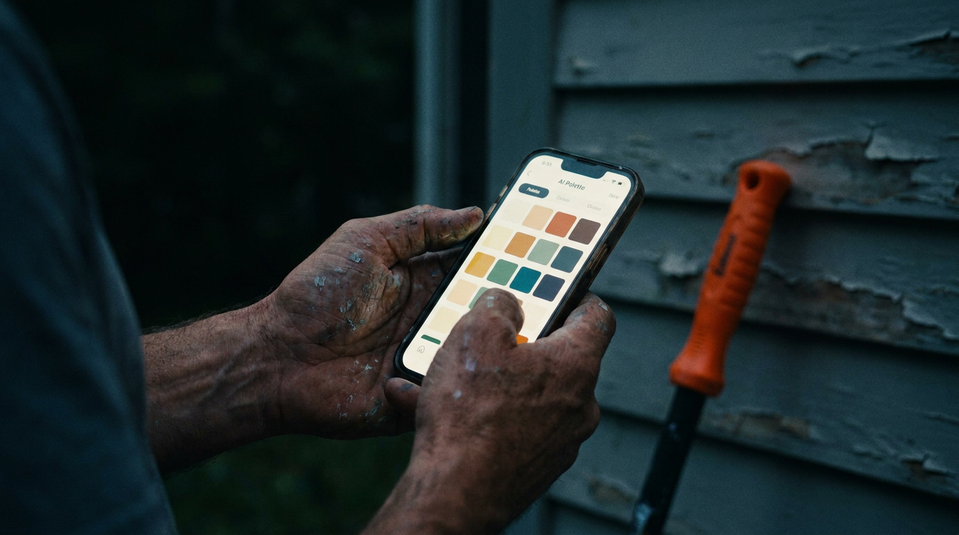 A painter using a smartphone for AI historical paint color matching on a New England colonial home.