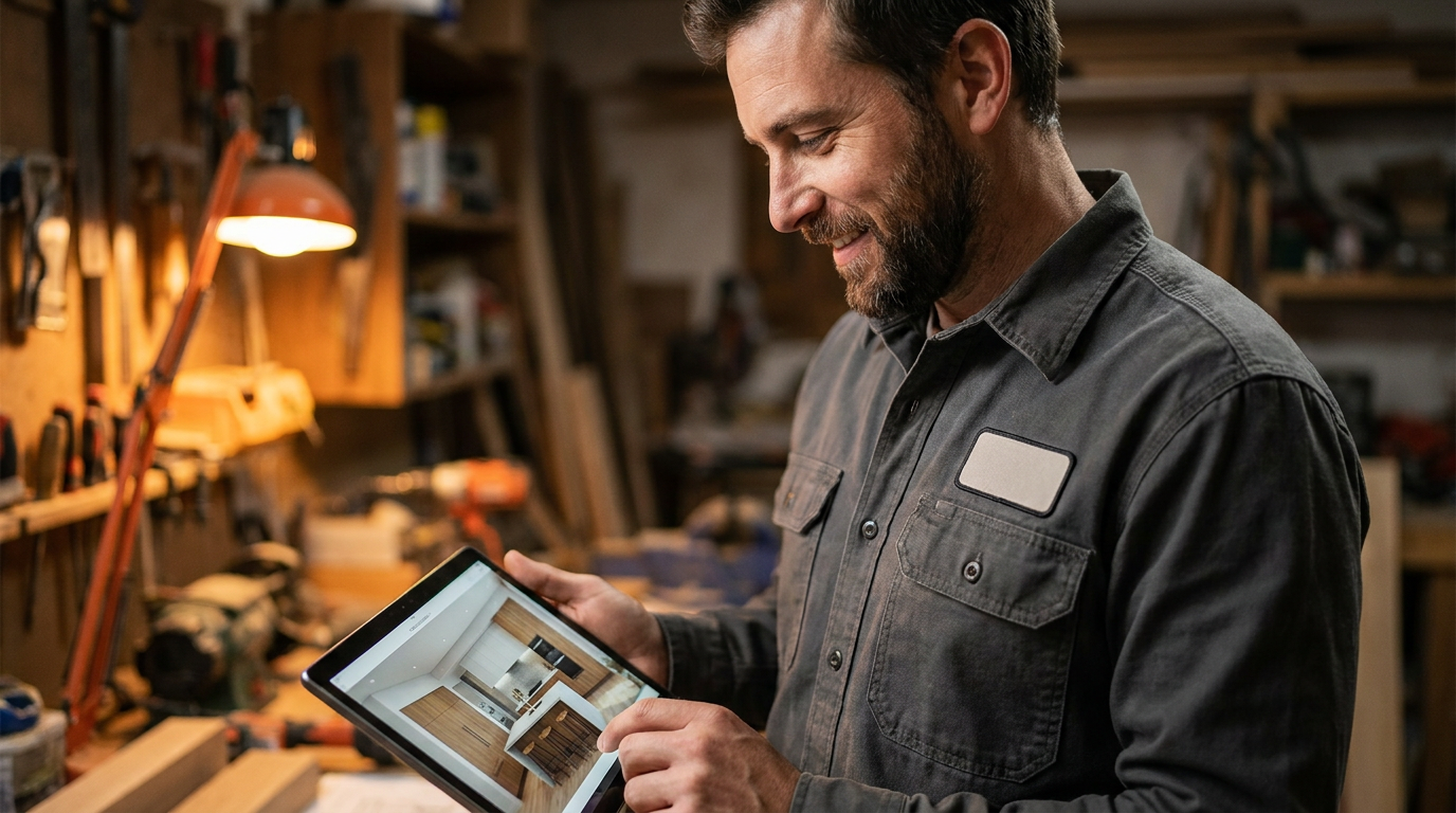 A contractor using a tablet to review a project, demonstrating the use of technology like AI for Houzz and BuildZoom case studies.