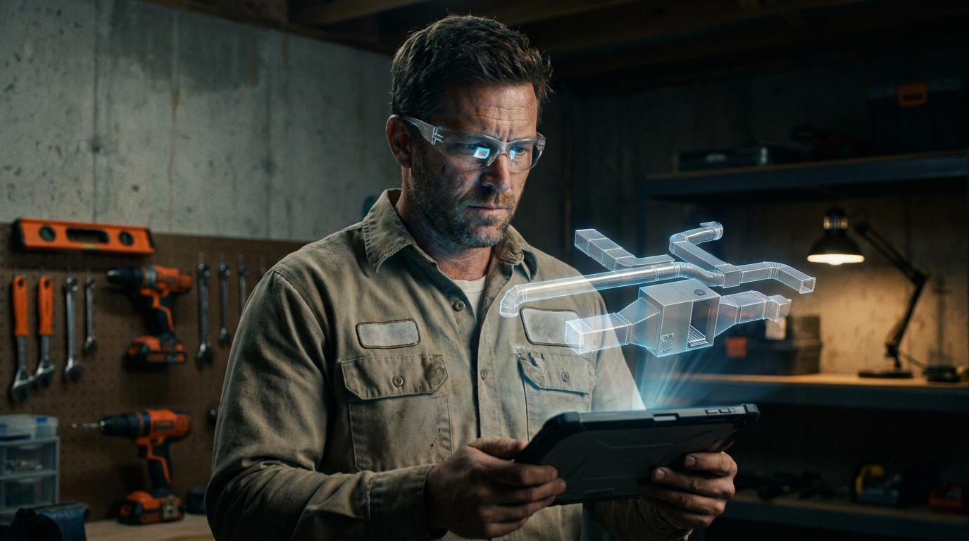 An HVAC professional using a tablet for AI for HVAC ductwork design optimization, viewing a 3D model of a system.