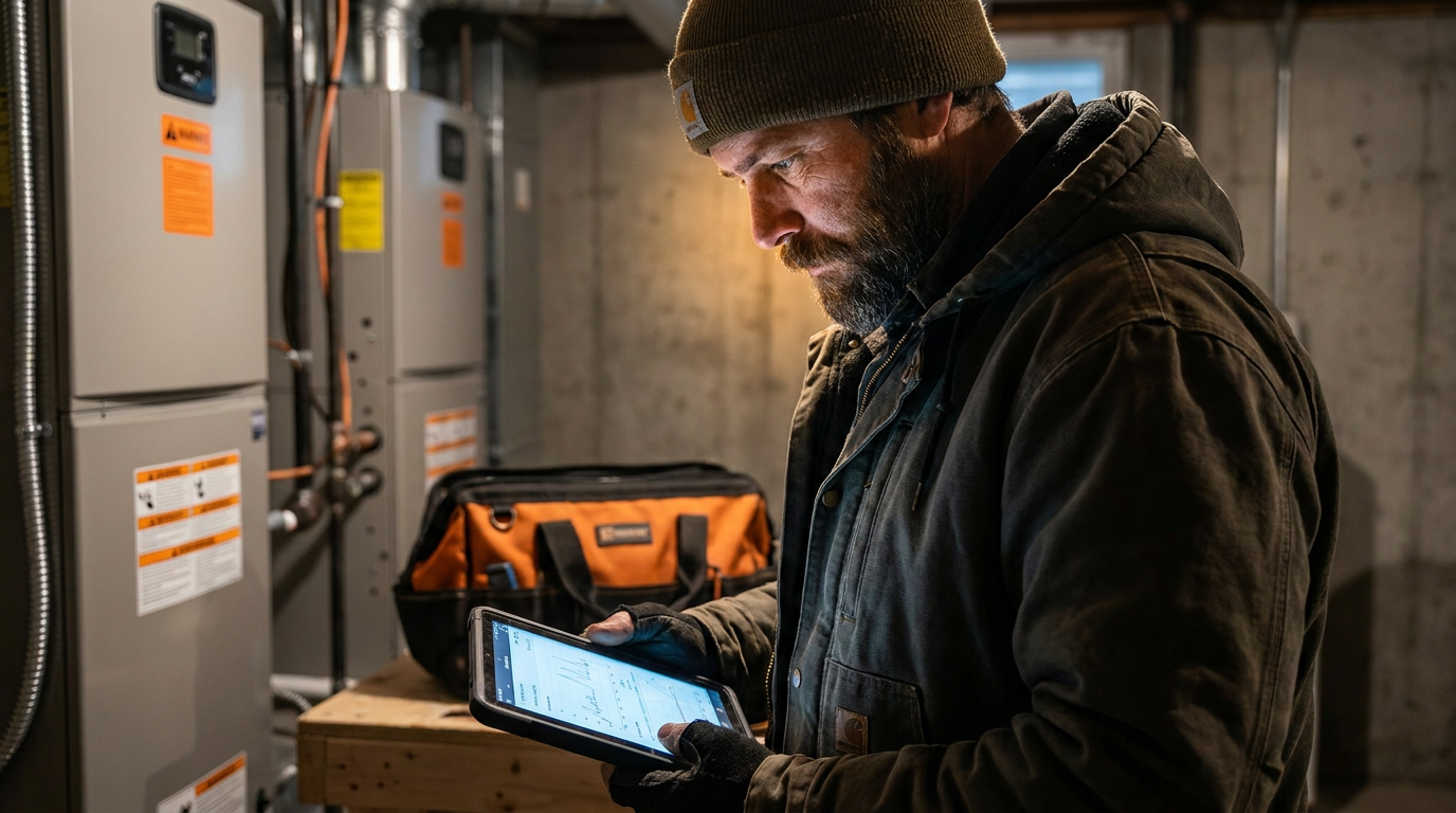 An HVAC technician in the Pacific Northwest uses a tablet with AI for HVAC humidity control to check system performance.