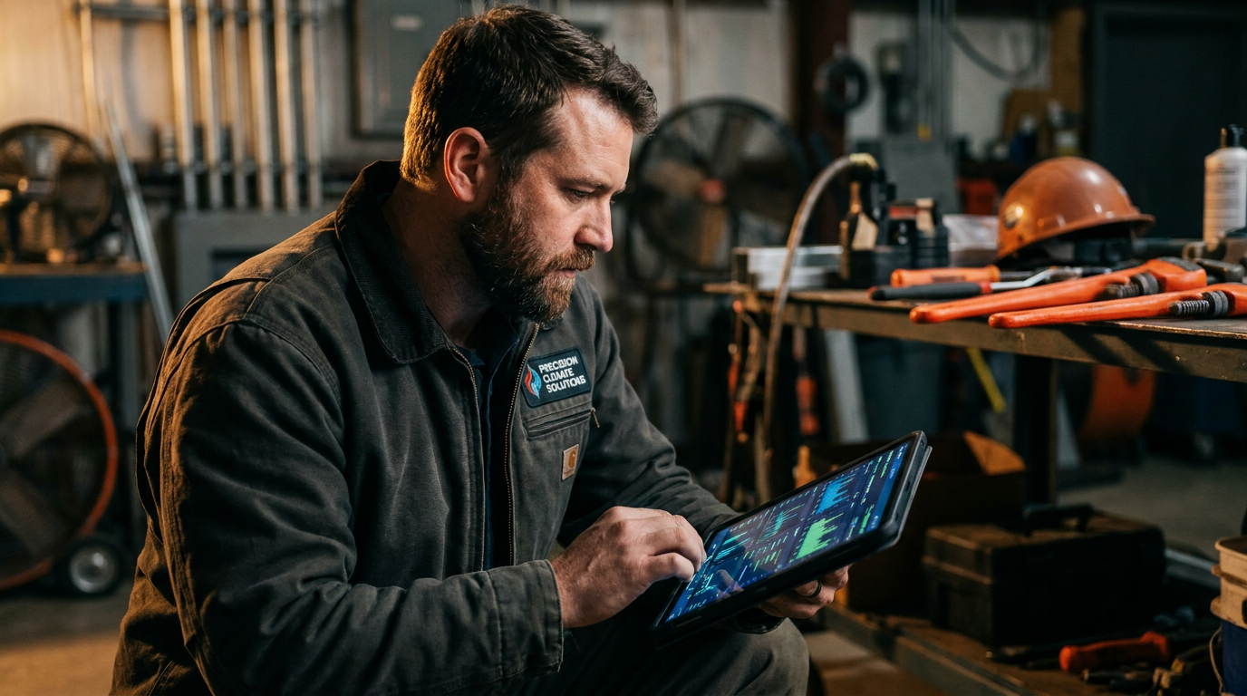 An HVAC technician using a tablet to perform an AI HVAC load calculation at high altitude.