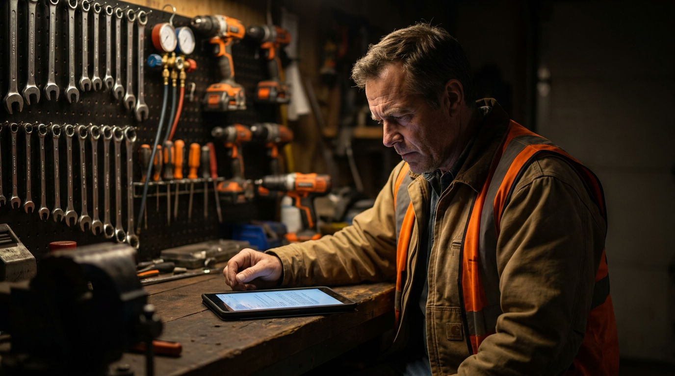 An HVAC technician using a tablet for AI for HVAC maintenance contract generation in his workshop.