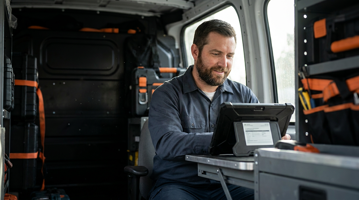 An HVAC technician uses a tablet to review an AI-generated HVAC service agreement inside his work van.