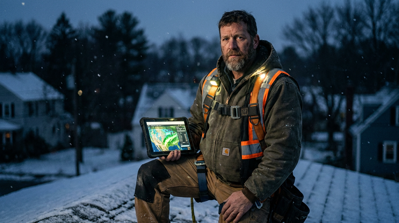 A New England roofer using a tablet with AI ice dam prediction tools on a snow-covered roof at dusk.