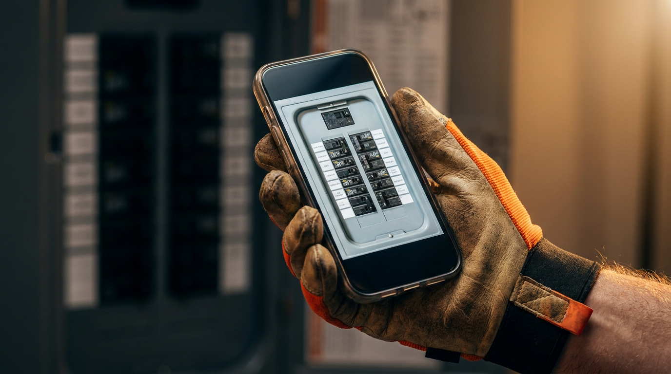 An electrician holds a smartphone to see if AI can identify a bad circuit breaker from a photo of a panel.