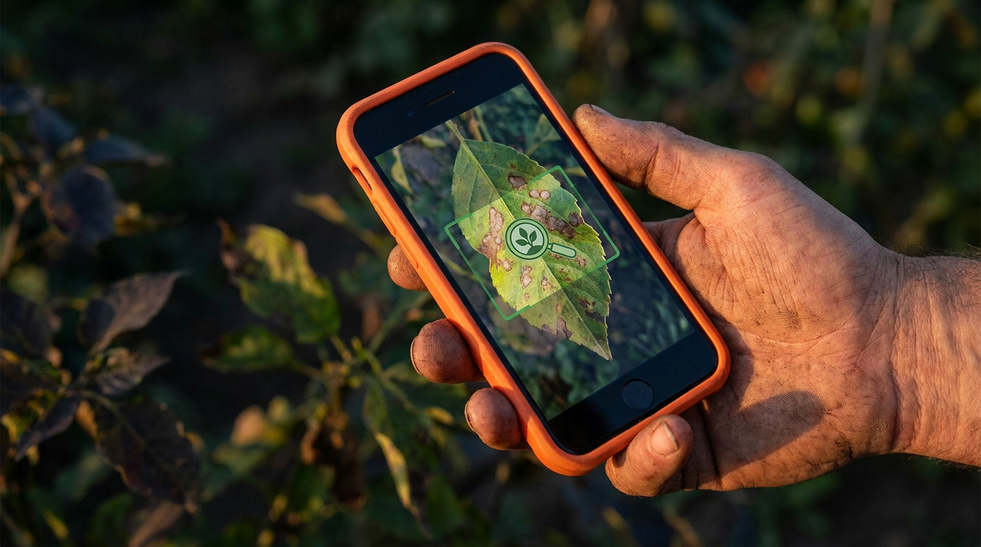 A landscaper using a smartphone where an AI app helps identify plant diseases from a photo of a leaf.