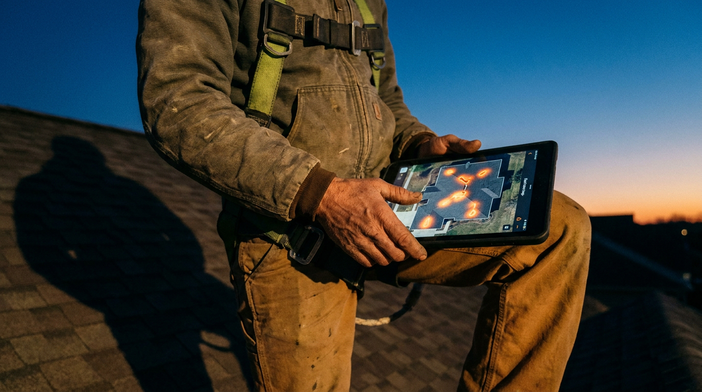 A roofer reviews a tablet showing a report where AI can identify different types of roof damage on a shingle roof.