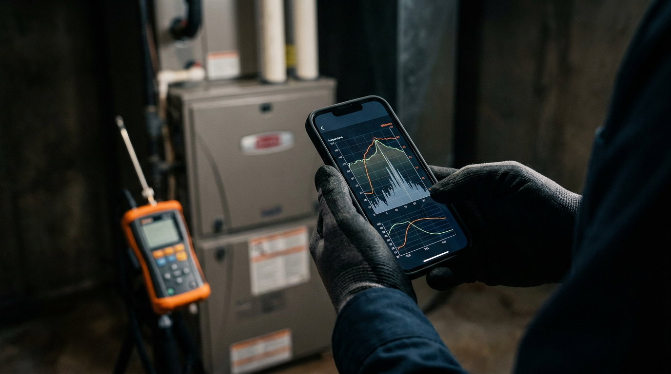 An HVAC tech's hands holding a smartphone showing how AI can interpret a combustion analysis report, with a furnace in the background.
