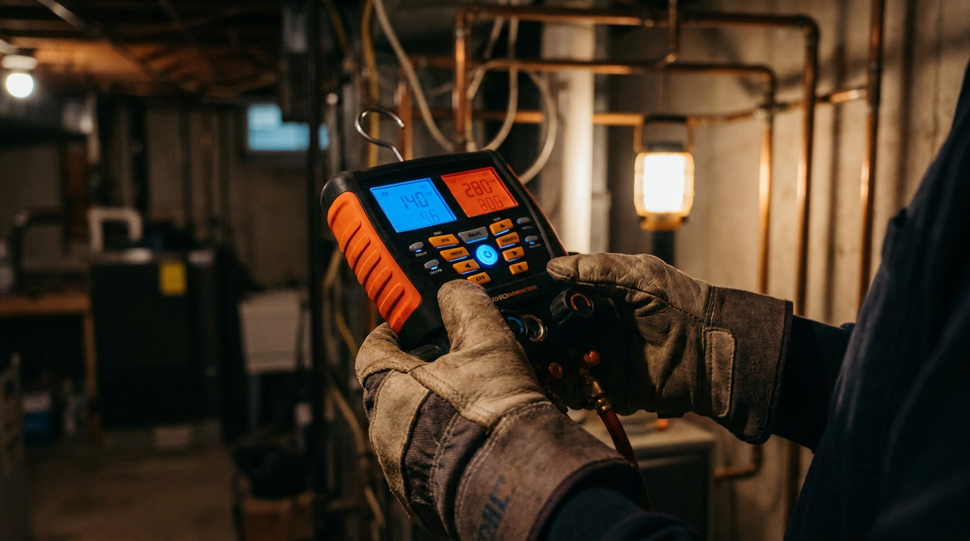 An HVAC tech's hands holding a digital manifold, demonstrating how AI can be used to interpret refrigerant pressure readings on a job site.