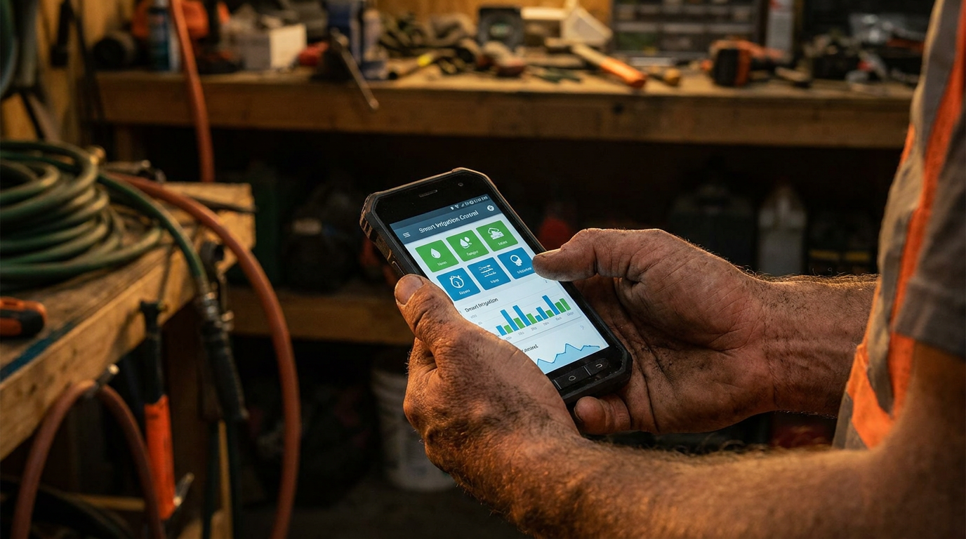 A professional landscaper using a smartphone app to manage AI irrigation controllers for water restrictions in Arizona.
