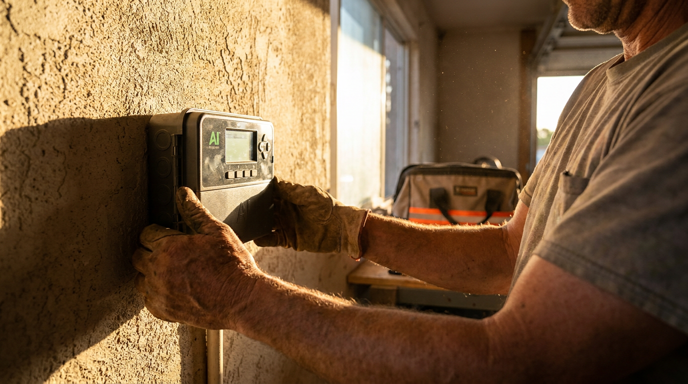 A professional landscaper installing one of the latest AI irrigation controllers in an Arizona home.