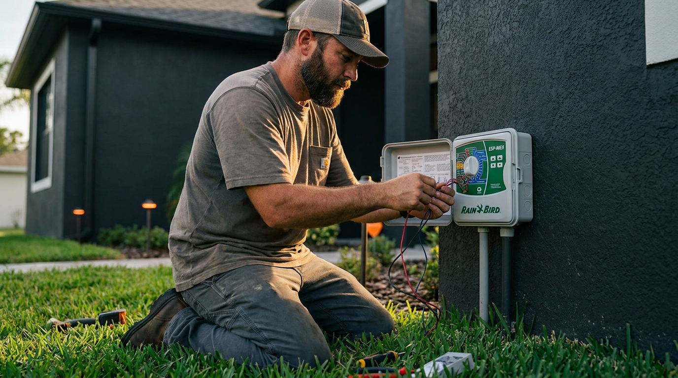 A professional landscaper installing one of the best AI irrigation controllers for Florida homes, adjusting the settings on the smart device.