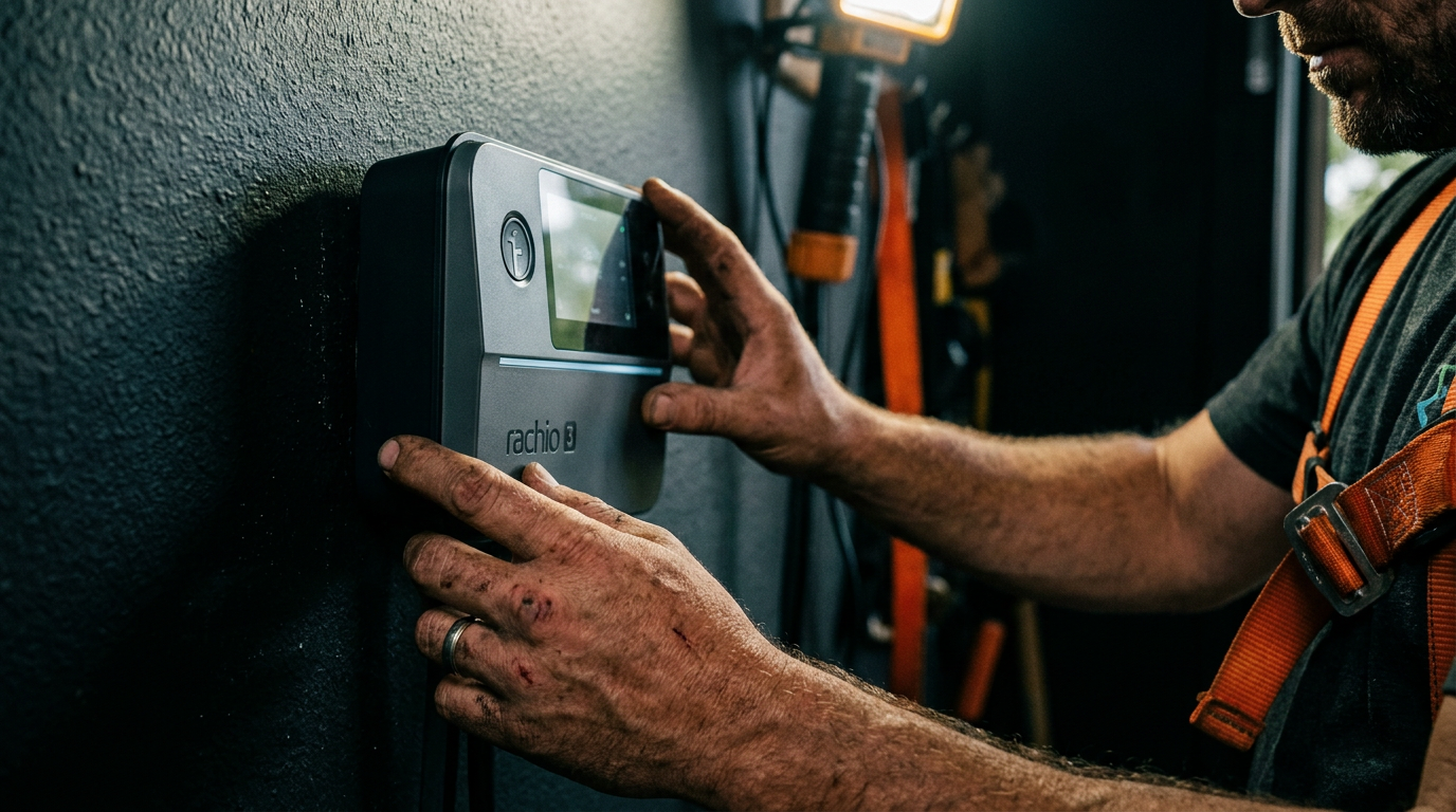A landscaper's hands installing one of the top AI irrigation controllers for the Mountain West on a garage wall.