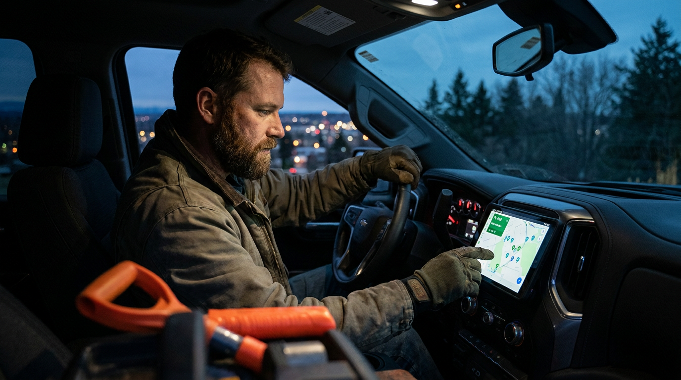 A professional landscaper uses a tablet to manage AI irrigation controllers for Texas water restrictions from his truck.